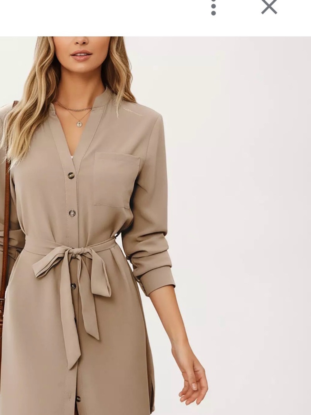 Long-Sleeve Tie-Waist Shirt Dress in Taupe